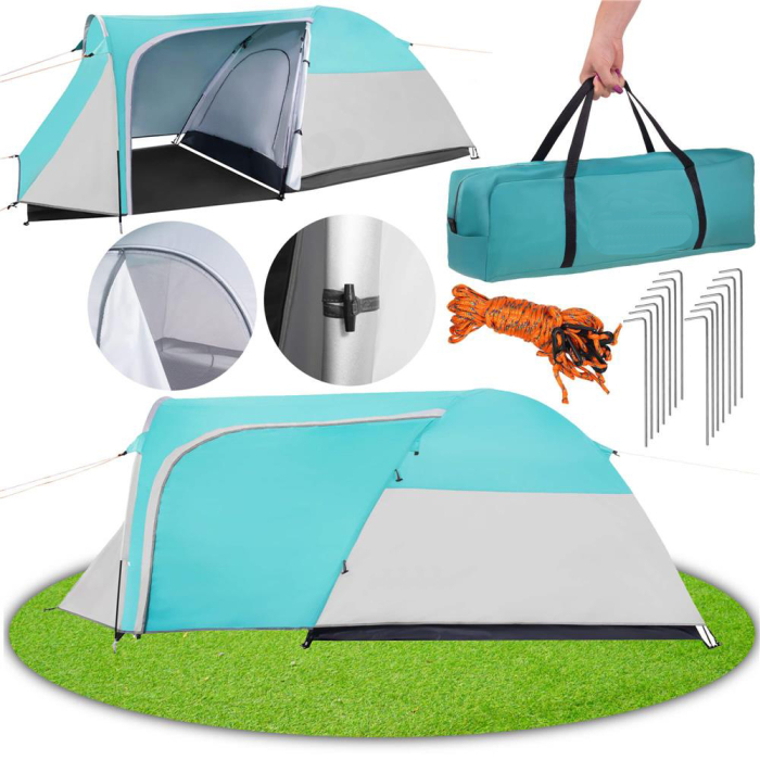 Cort camping 4 persoane impermeabil terasa protectie uv, 175x310x130 cm, ventilatie, gri albastru [2]