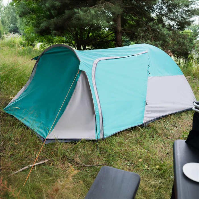 Cort camping 4 persoane impermeabil terasa protectie uv, 175x310x130 cm, ventilatie, gri albastru [12]