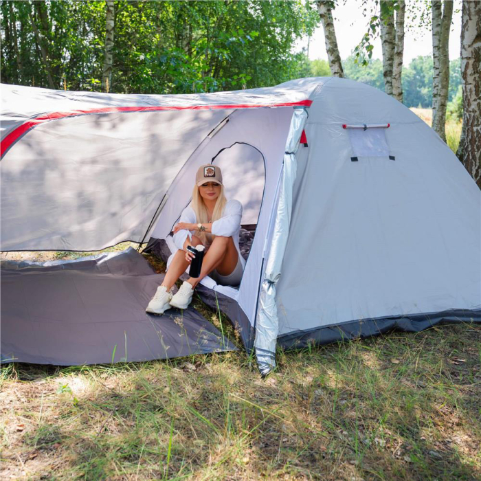 Cort camping 4 persoane impermeabil terasa protectie uv, 200x350x135 cm, ventilatie, gri [28]