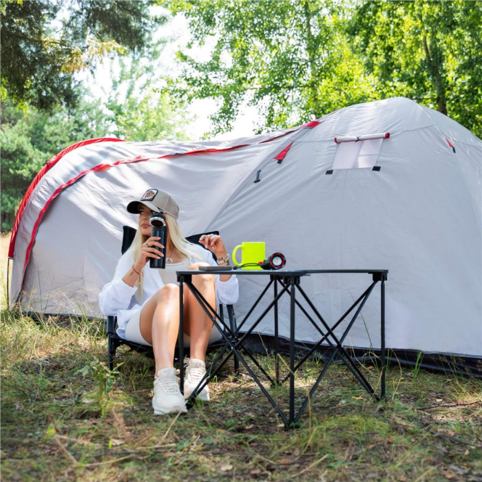 Cort camping 4 persoane impermeabil terasa protectie uv, 200x350x135 cm, ventilatie, gri [23]