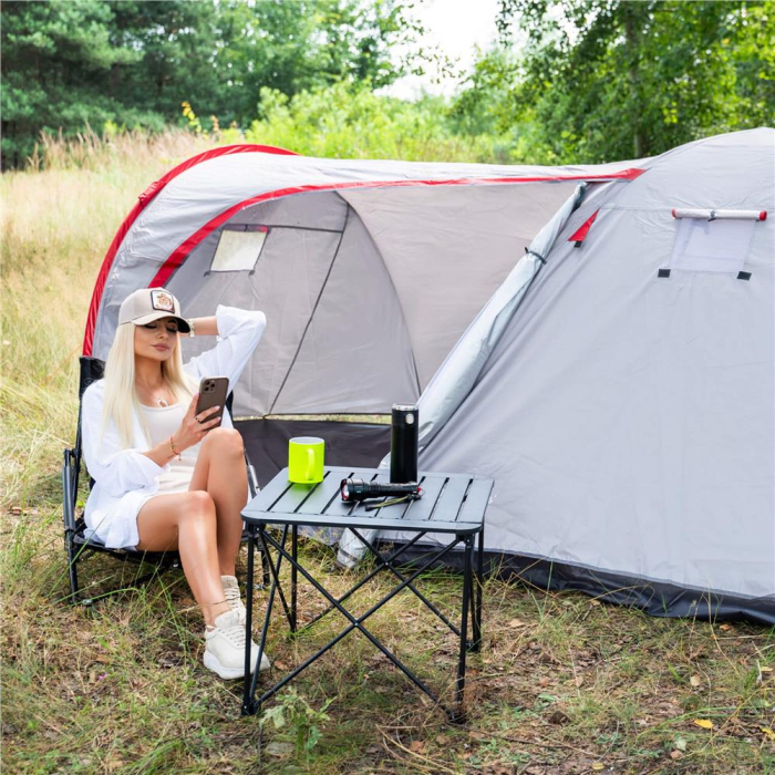 Cort camping 4 persoane impermeabil terasa protectie uv, 200x350x135 cm, ventilatie, gri [22]