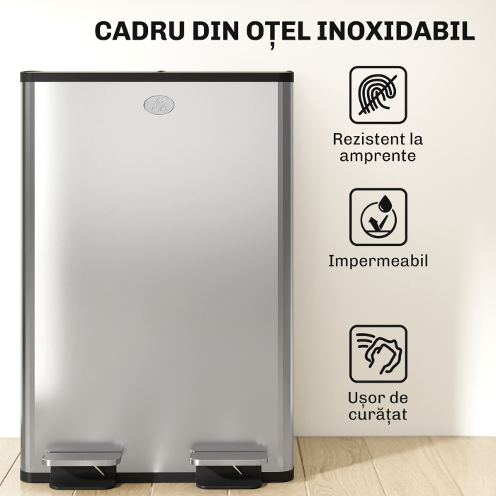  Cos de Gunoi 2 x 20L cu Pedala, din Otel, pentru Bucatarie, cu Capac cu inchidere Usoara, Recipiente Interioare Detasabile, Rezistent la Urmele de Degete, Argintiu [8]