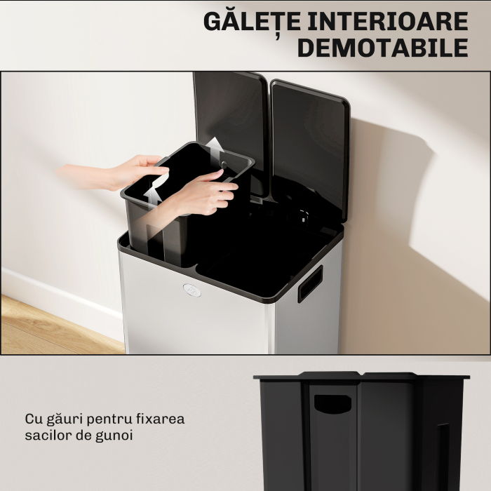  Cos de Gunoi 2 x 20L cu Pedala, din Otel, pentru Bucatarie, cu Capac cu inchidere Usoara, Recipiente Interioare Detasabile, Rezistent la Urmele de Degete, Argintiu [7]