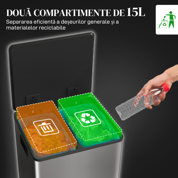  Cos de Gunoi cu 2 Compartimente de 15L cu Pedala, si Capac Silentios din Otel, 41,8x36,7x44 cm, Argintiu [4]
