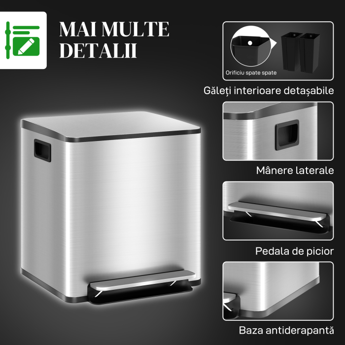  Cos de Gunoi cu 2 Compartimente de 15L cu Pedala, si Capac Silentios din Otel, 41,8x36,7x44 cm, Argintiu [7]