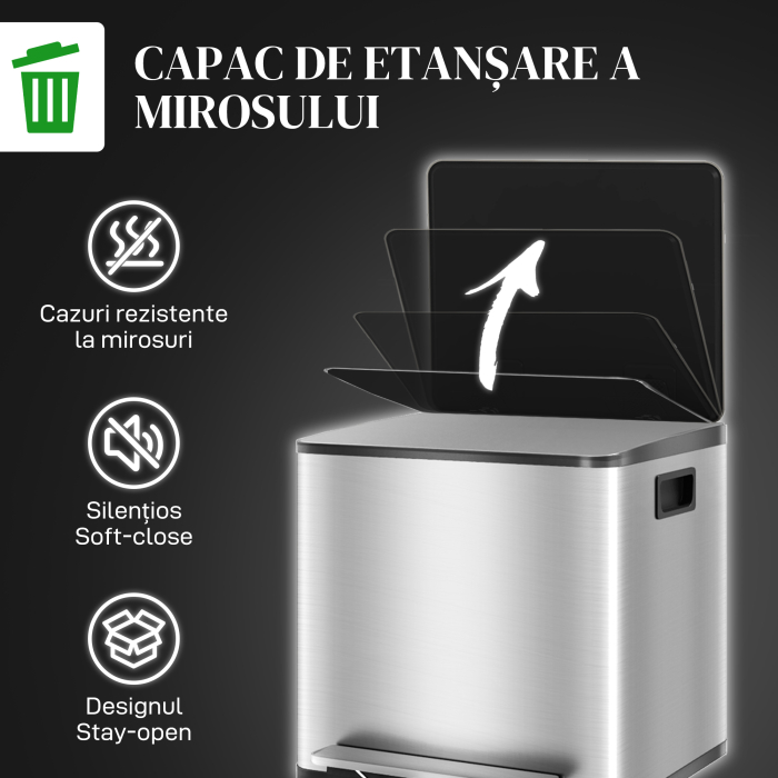  Cos de Gunoi cu 2 Compartimente de 15L cu Pedala, si Capac Silentios din Otel, 41,8x36,7x44 cm, Argintiu [6]