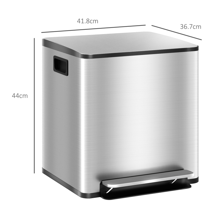  Cos de Gunoi cu 2 Compartimente de 15L cu Pedala, si Capac Silentios din Otel, 41,8x36,7x44 cm, Argintiu [3]