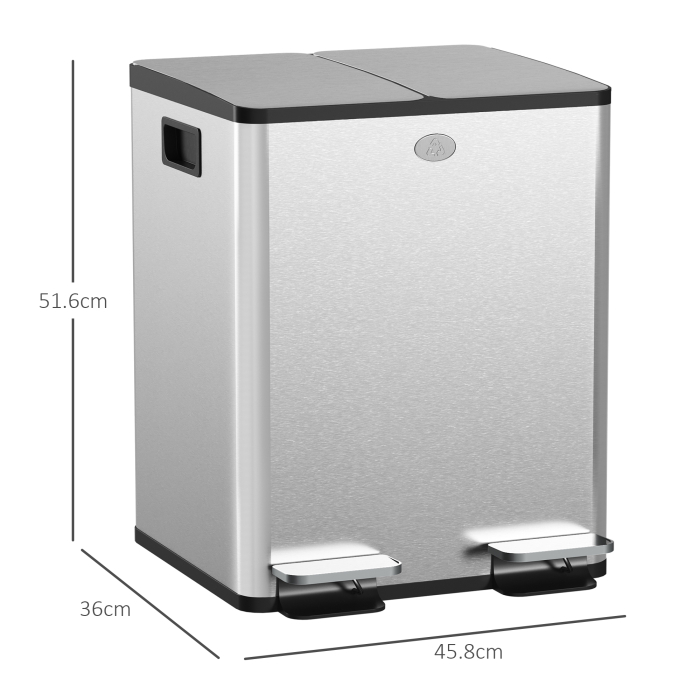  Cos de Gunoi cu 2 Compartimente de 20L cu Pedala, Cos de Gunoi cu 2 Capace Silentioase, 45,8x36x51,6 cm, Argintiu [3]