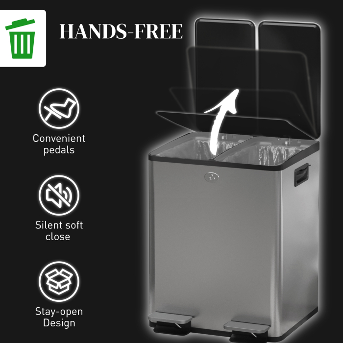  Cos de Gunoi cu 2 Compartimente de 20L cu Pedala, Cos de Gunoi cu 2 Capace Silentioase, 45,8x36x51,6 cm, Argintiu [6]