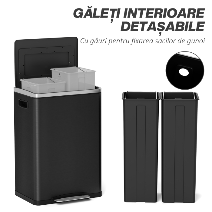  Cos de Gunoi cu 2 Sectiuni cu Pedala de 20L din Otel si PP Negru [6]