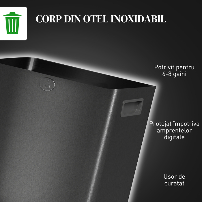  Cos de Gunoi cu 2 Sectiuni de 15L, cu inchidere Silentioasa, din Otel Inoxidabil si PP, 41.7x36.6x43.2 cm, Negru [8]