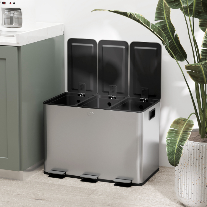  Cos de Gunoi cu 3 Compartimente 10L pentru Bucatarie, Cu Pedale si Capace cu inchidere Silentioasa, Otel Inoxidabil si PP, 49.6x34.5x38.6 cm, Argintiu [9]