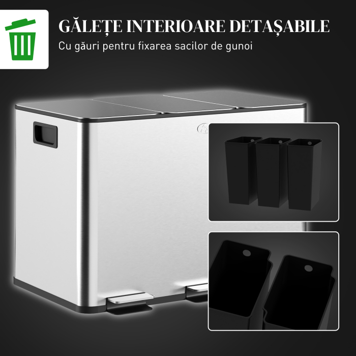  Cos de Gunoi cu 3 Compartimente 10L pentru Bucatarie, Cu Pedale si Capace cu inchidere Silentioasa, Otel Inoxidabil si PP, 49.6x34.5x38.6 cm, Argintiu [7]
