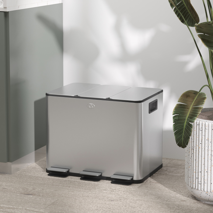  Cos de Gunoi cu 3 Compartimente de 20L cu Pedala si Capace Silentioase, 61,9x36,6x56,7 cm, Argintiu [2]