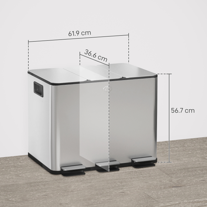  Cos de Gunoi cu 3 Compartimente de 20L cu Pedala si Capace Silentioase, 61,9x36,6x56,7 cm, Argintiu [3]