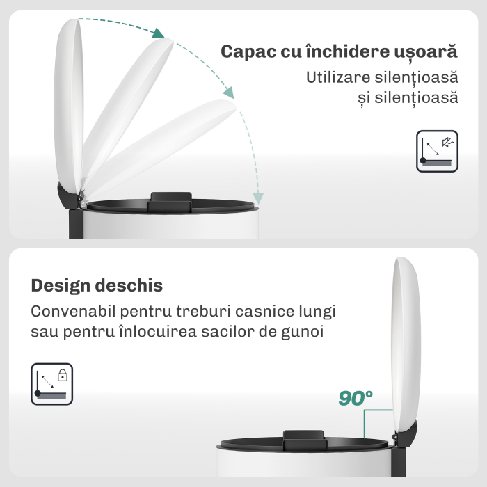  Cos de Gunoi cu Pedala 30L, cu Capac cu inchidere Lenta, din Metal si PP, 36x30x63.5 cm, Alb Crem [5]