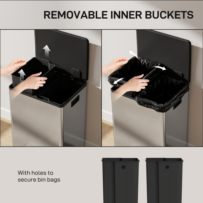  Cos de Gunoi cu Pedala cu 2 Compartimente de 30L, Capac Amortizat si Galeti Detasabili, Otel Inoxidabil, Argintiu [7]