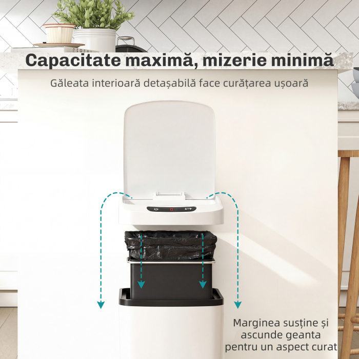  Cos de Gunoi cu Senzor, 12L, Buton Touch si Galeata Detasabila, Otel Inoxidabil, ABS si PP, 28x22x41 cm, Alb [6]