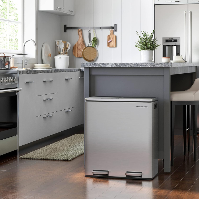 Cos de gunoi din inox cu 2 compartimente colectare selectiva, cu galeti interioare, 2x30litri, argintiu [2]