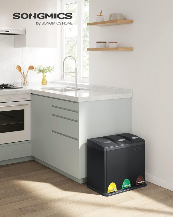 Cos de gunoi din otel cu 3 compartimente colectare selectiva, cu galeti interioare, 3x8litri, negru mat [2]