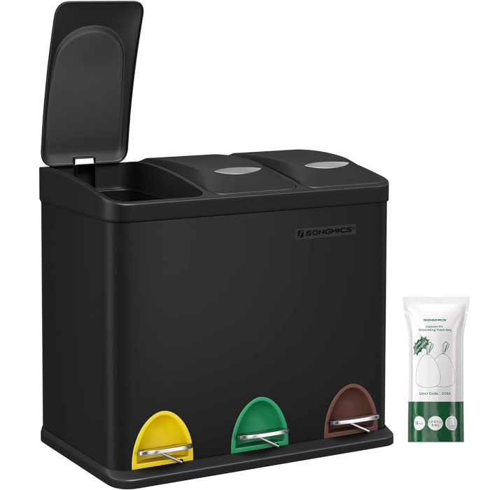 Cos de gunoi din otel cu 3 compartimente colectare selectiva, cu galeti interioare, 3x8litri, negru mat [10]