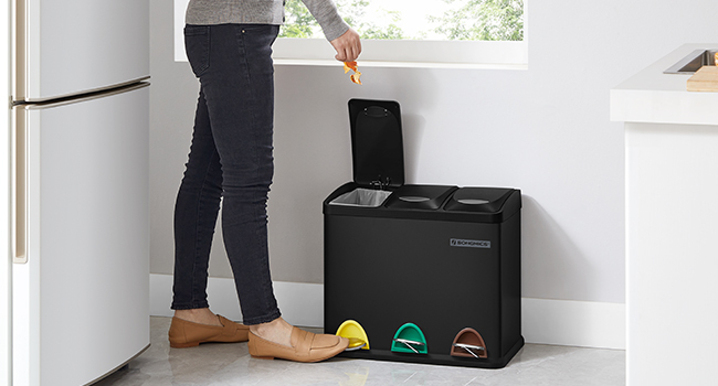 Cos de gunoi din otel cu 3 compartimente colectare selectiva, cu galeti interioare, 3x8litri, negru mat [8]