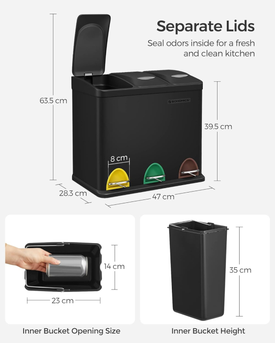 Cos de gunoi din otel cu 3 compartimente colectare selectiva, cu galeti interioare, 3x8litri, negru mat [6]