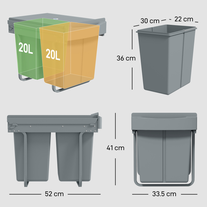  Cos de gunoi glisant sub chiuveta pentru reciclare cu 2 galeti de 20L, 52x33.5x41 cm, Gri [3]