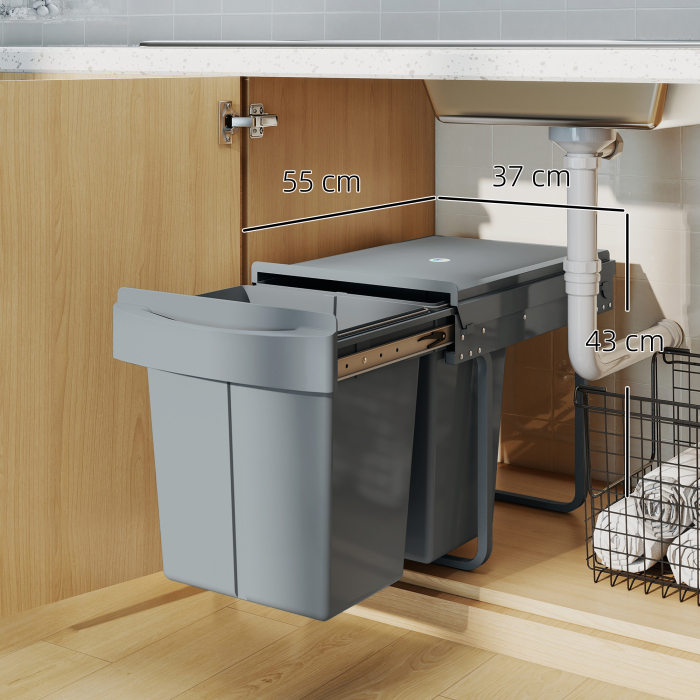  Cos de gunoi glisant sub chiuveta pentru reciclare cu 2 galeti de 20L, 52x33.5x41 cm, Gri [9]