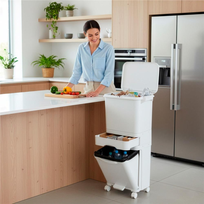 Cos de gunoi pentru colectare selectiva cu 3 compartimente, pe roti, 42 L, alb [26]