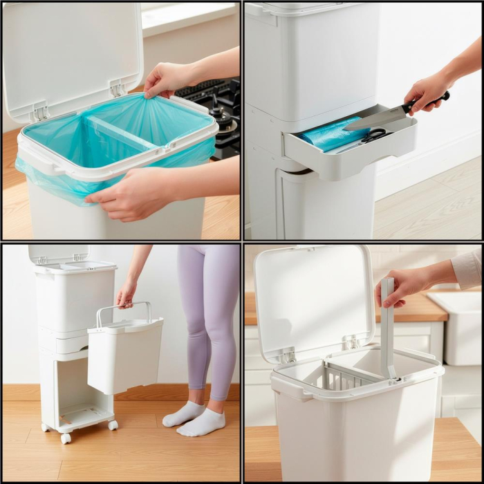 Cos de gunoi pentru colectare selectiva cu 3 compartimente, pe roti, 42 L, alb [19]