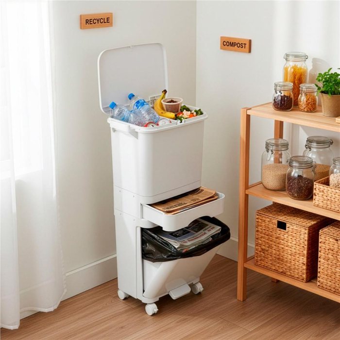 Cos de gunoi pentru colectare selectiva cu 3 compartimente, pe roti, 42 L, alb [11]