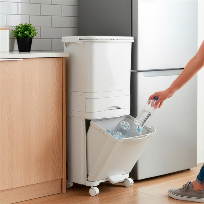 Cos de gunoi pentru colectare selectiva cu 3 compartimente, pe roti, 42 L, alb [8]