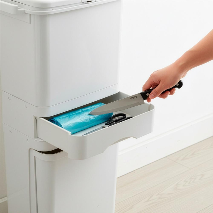 Cos de gunoi pentru colectare selectiva cu 3 compartimente, pe roti, 42 L, alb [24]