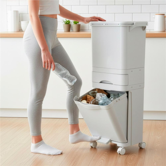 Cos de gunoi pentru colectare selectiva cu 3 compartimente, pe roti, 42 L, alb [23]