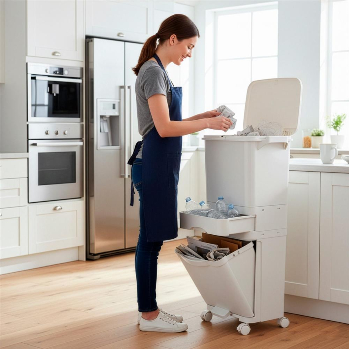 Cos de gunoi pentru colectare selectiva cu 3 compartimente, pe roti, 42 L, alb [10]