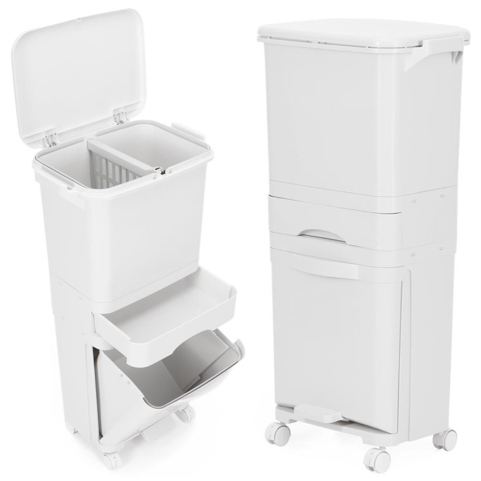 Cos de gunoi pentru colectare selectiva cu 3 compartimente, pe roti, 42 L, alb [3]
