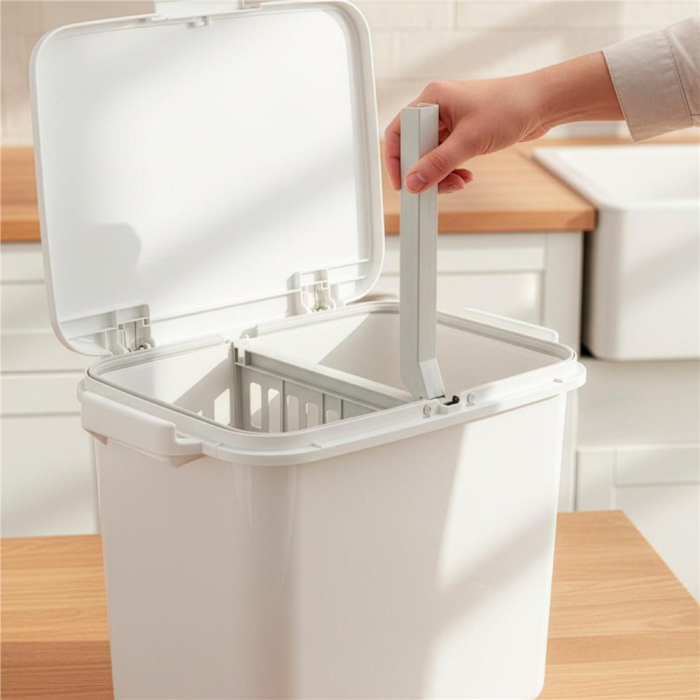 Cos de gunoi pentru colectare selectiva cu 3 compartimente, pe roti, 42 L, alb [22]