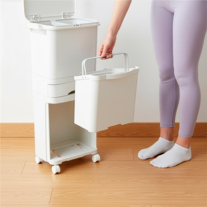 Cos de gunoi pentru colectare selectiva cu 3 compartimente, pe roti, 42 L, alb [6]