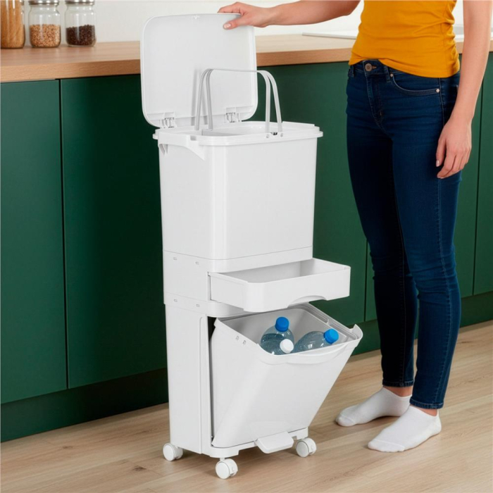 Cos de gunoi pentru colectare selectiva cu 3 compartimente, pe roti, 42 L, alb [20]