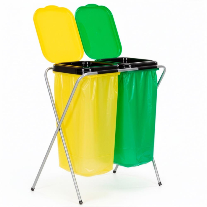 Cos de gunoi selectiv cu 2 compartimente, cadru metalic si capace PP, 68x42x75 cm [7]