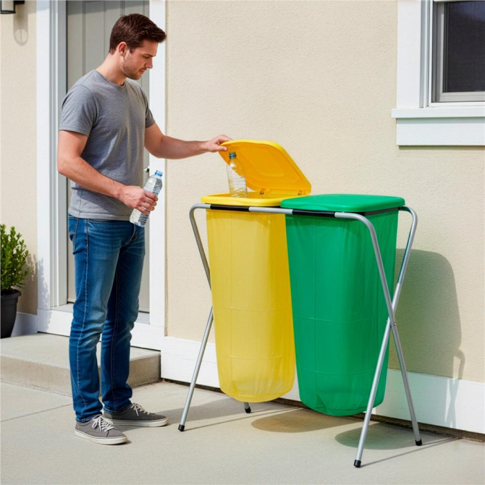 Cos de gunoi selectiv cu 2 compartimente, cadru metalic si capace PP, 68x42x75 cm [19]