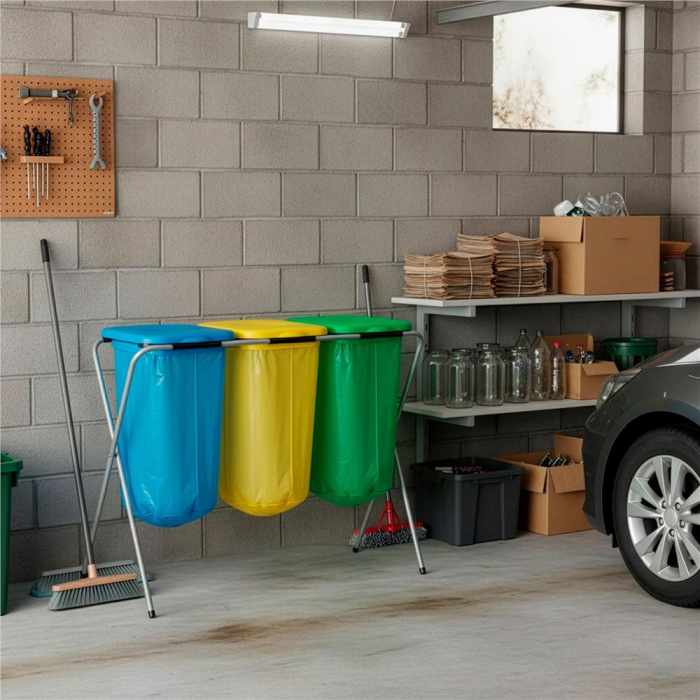 Cos de gunoi selectiv cu 3 compartimente, cadru metalic si capace PP, 98x42x74 cm [18]