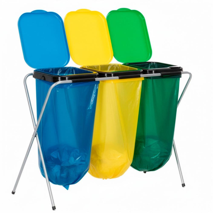 Cos de gunoi selectiv cu 3 compartimente, cadru metalic si capace PP, 98x42x74 cm [8]