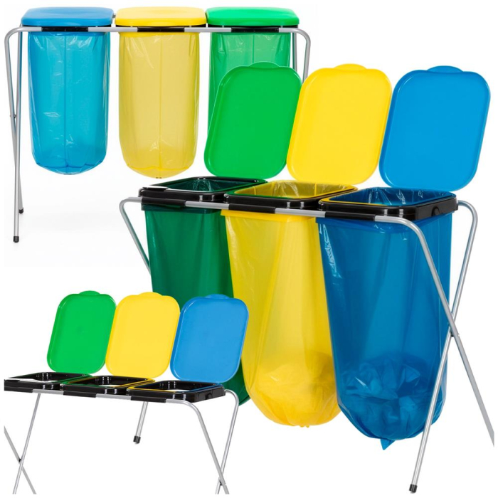 Cos de gunoi selectiv cu 3 compartimente, cadru metalic si capace PP, 98x42x74 cm [5]