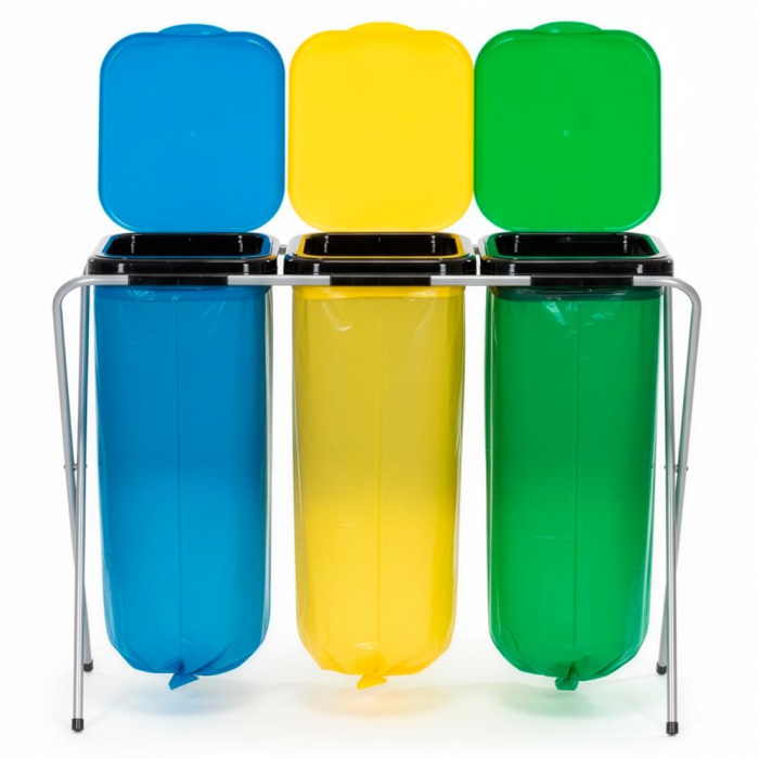 Cos de gunoi selectiv cu 3 compartimente, cadru metalic si capace PP, 98x42x74 cm [15]