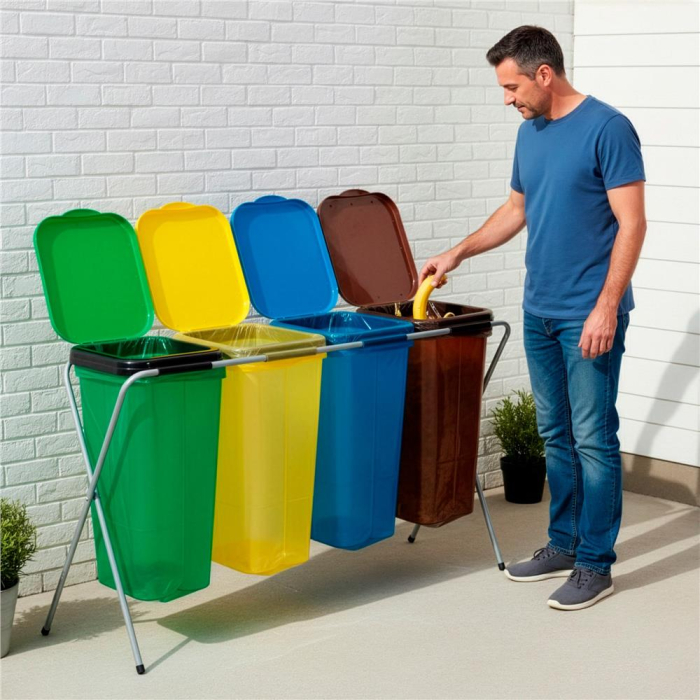 Cos de gunoi selectiv cu 4 compartimente, cadru metalic si capace PP, 128x42x74 cm [6]