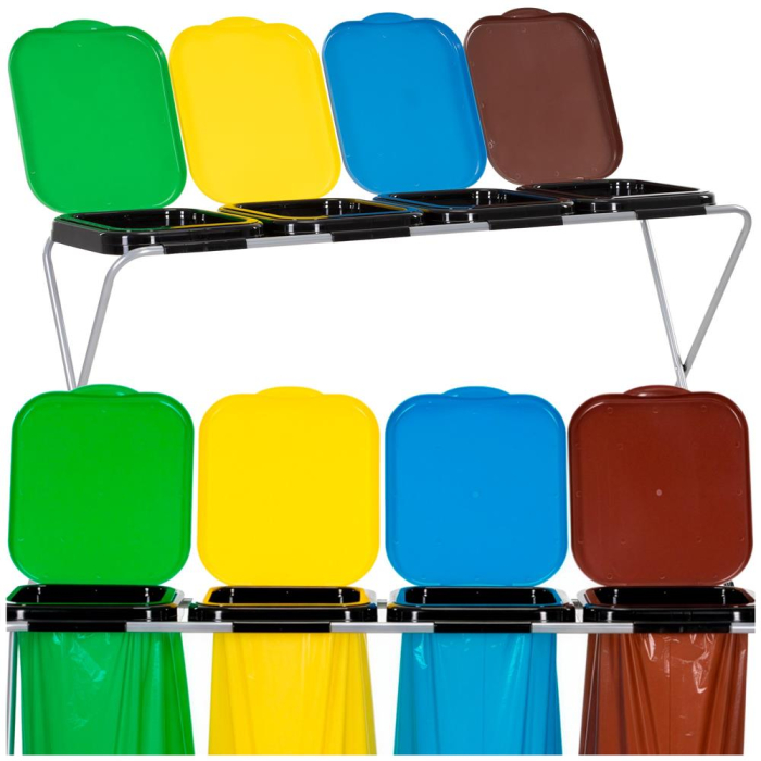 Cos de gunoi selectiv cu 4 compartimente, cadru metalic si capace PP, 128x42x74 cm [3]