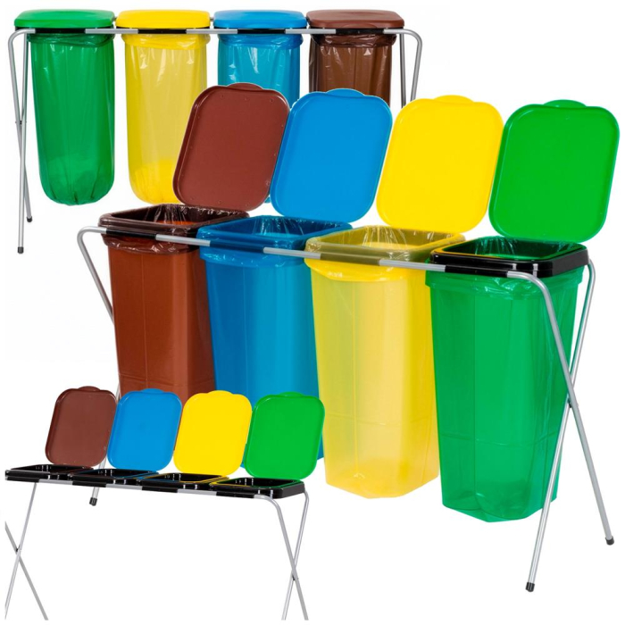 Cos de gunoi selectiv cu 4 compartimente, cadru metalic si capace PP, 128x42x74 cm [5]