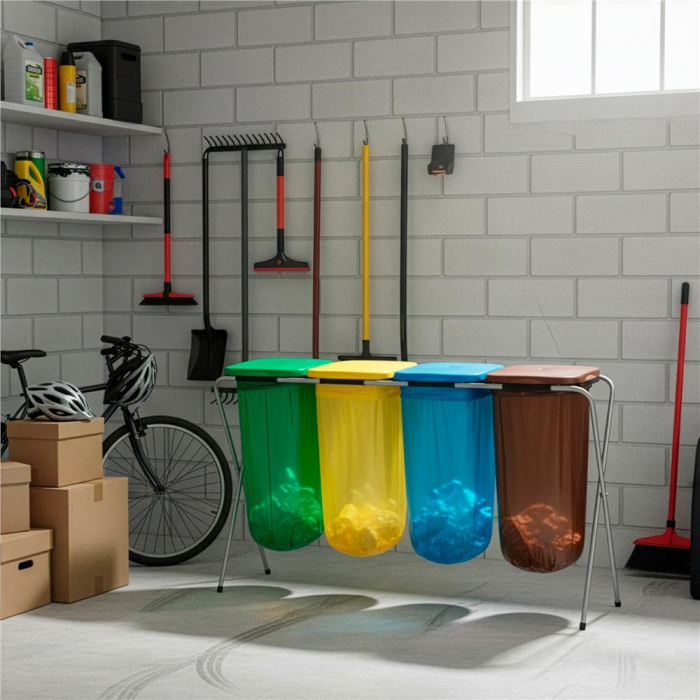 Cos de gunoi selectiv cu 4 compartimente, cadru metalic si capace PP, 128x42x74 cm [8]